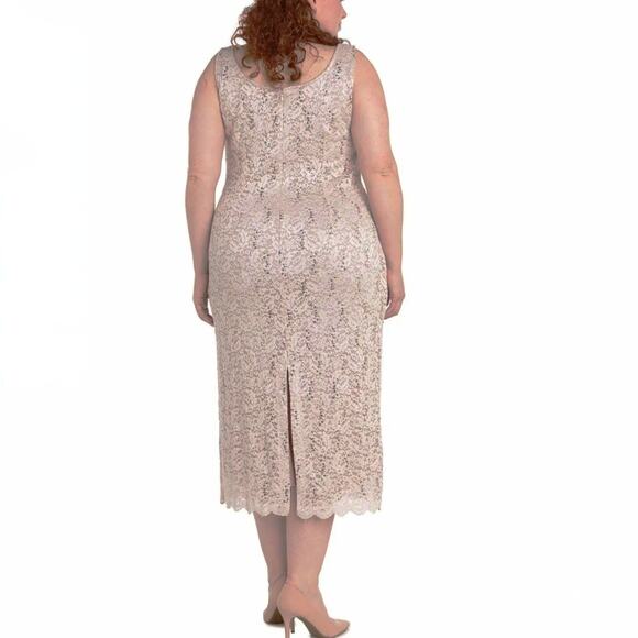 R&M Richards Sequined Lace Sheath‎ Midi Dress 14 Beige Mocha Mother Of The Bride - Picture 2 of 13